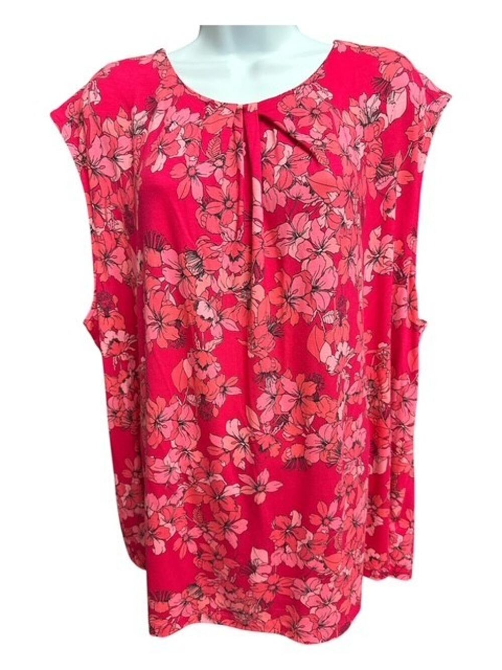 Liz Claiborne Woman 1X Top Deep Rose Pink Floral Pleats Rayon Stretch Sleeveless